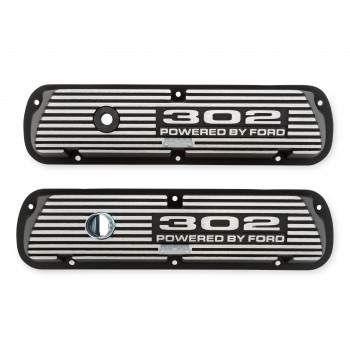 ref_199527_Caches culbuteurs aluminium avec logo 302 Powered by Ford Finition noire texturée Scott Drake 6A582-302