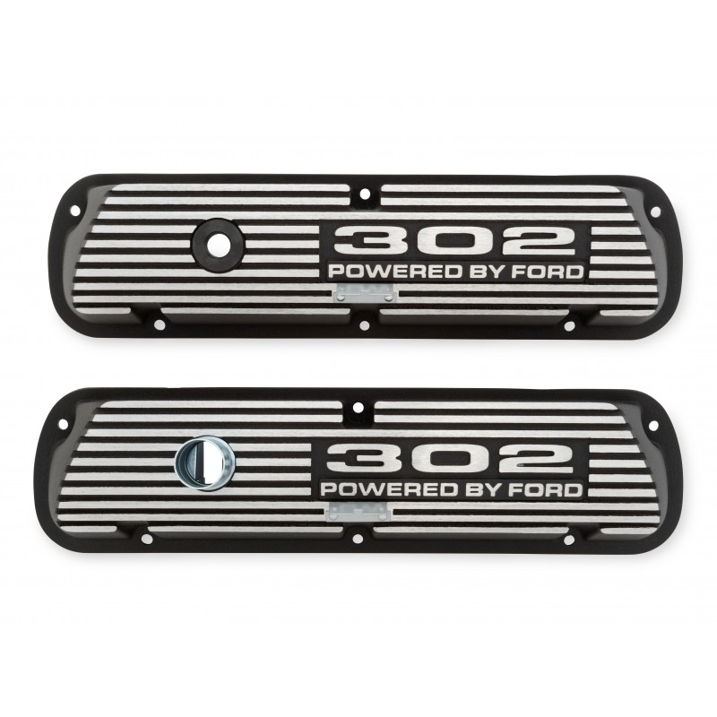 ref_199527_Caches culbuteurs aluminium avec logo 302 Powered by Ford Finition noire texturée Scott Drake 6A582-302